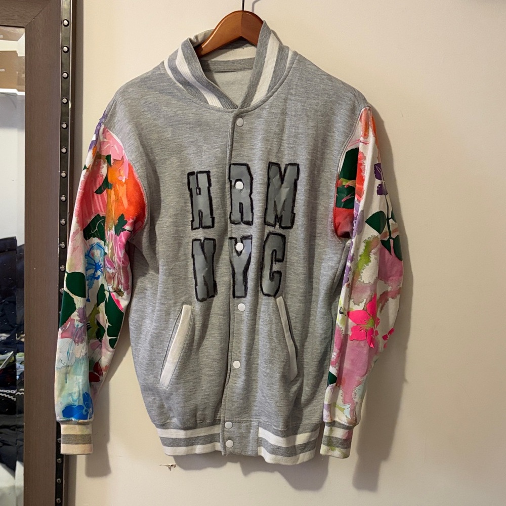 Gray Varsity Jacket with Floral Sleeves